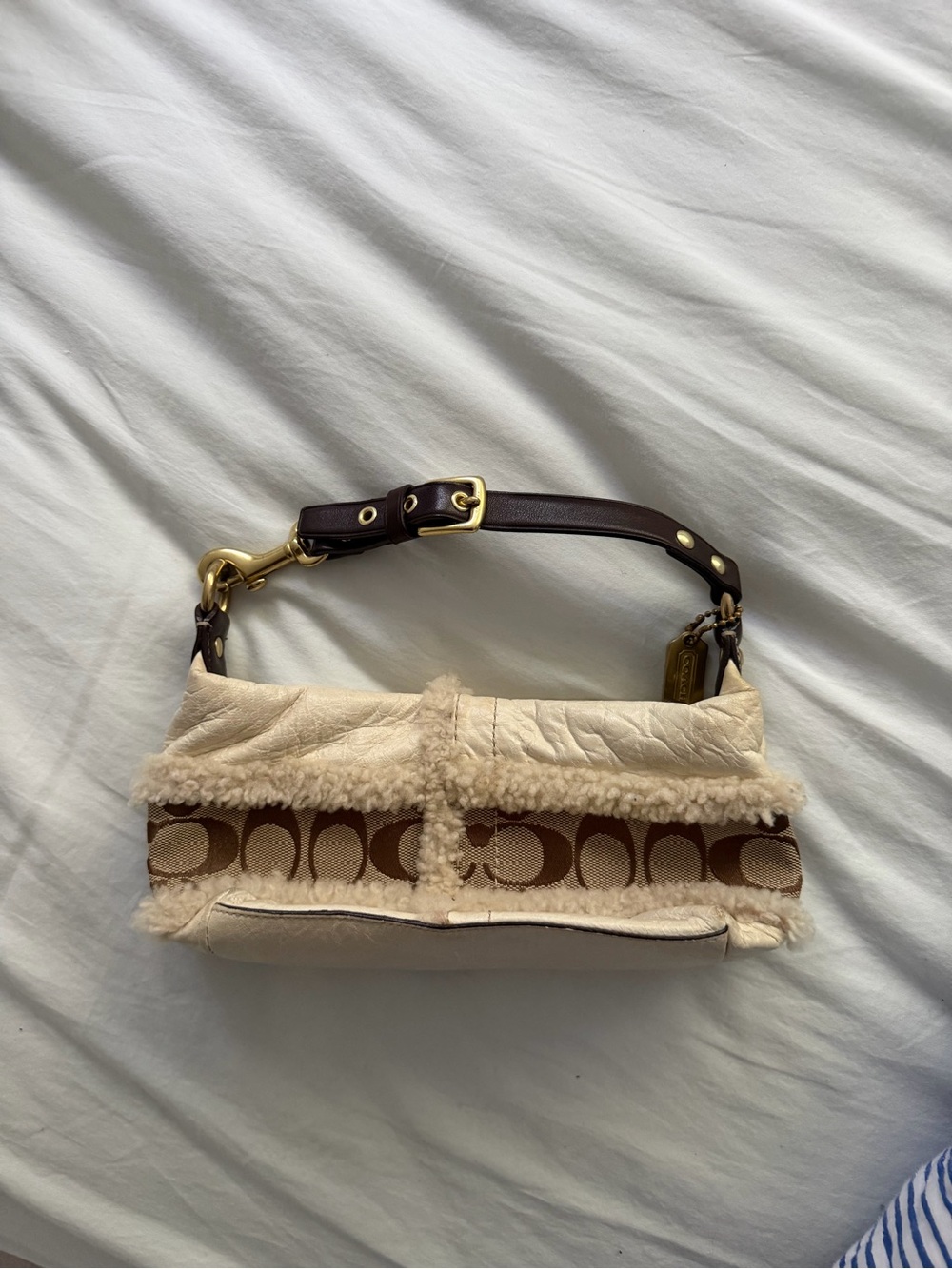 Coach Cream & Brown Shearling Signature Shoulder Bag with Dark Brown Strap